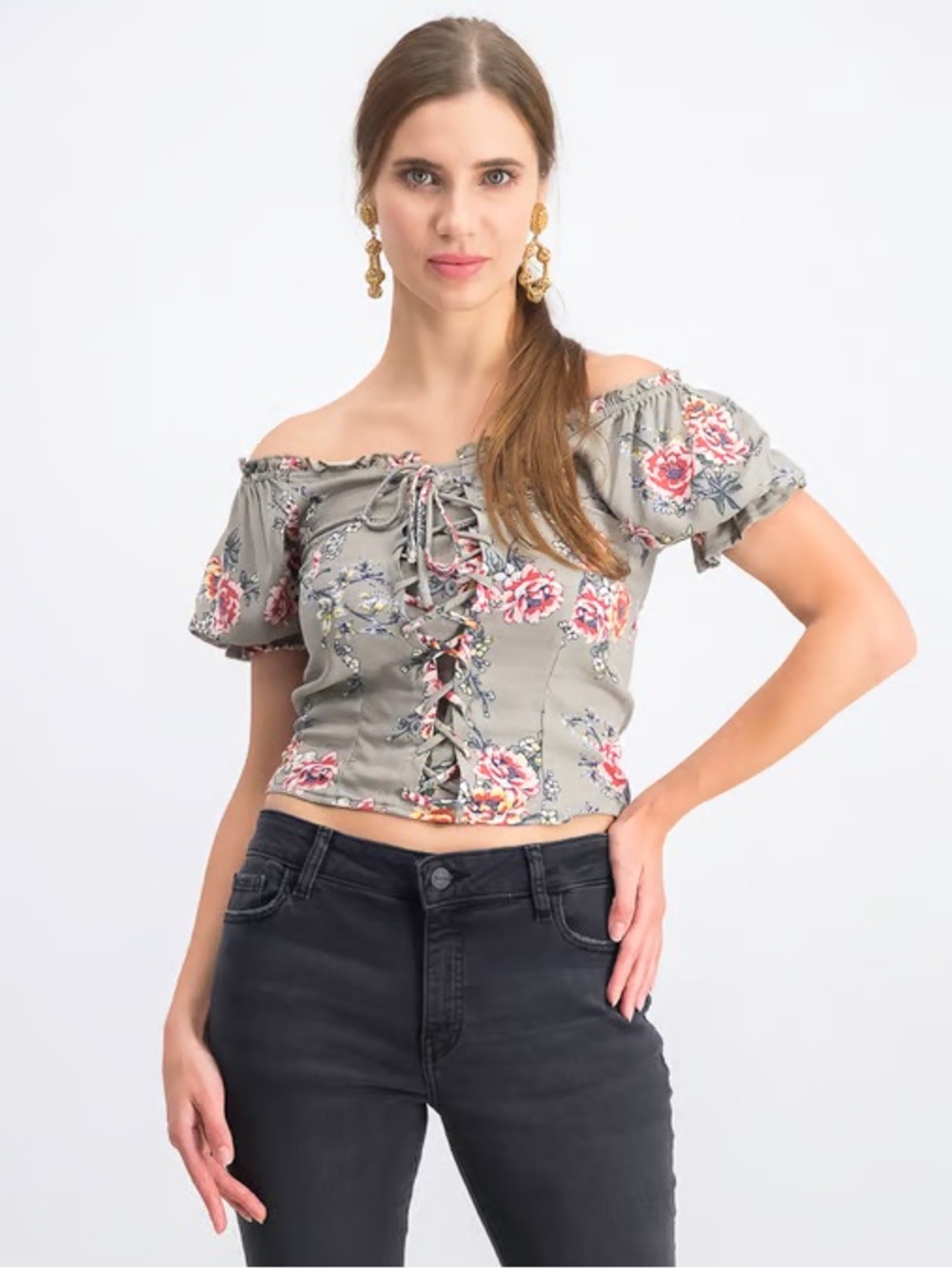 🆕 Crave Fame by Almost Famous Floral Off-the-Shoulder Lace-Up Top